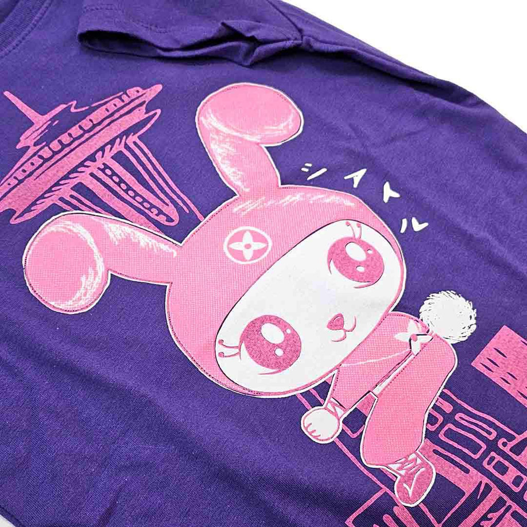 Kids Tee - Pink Bunny Ninja Space Needle on Purple Fitted Tee by Namu