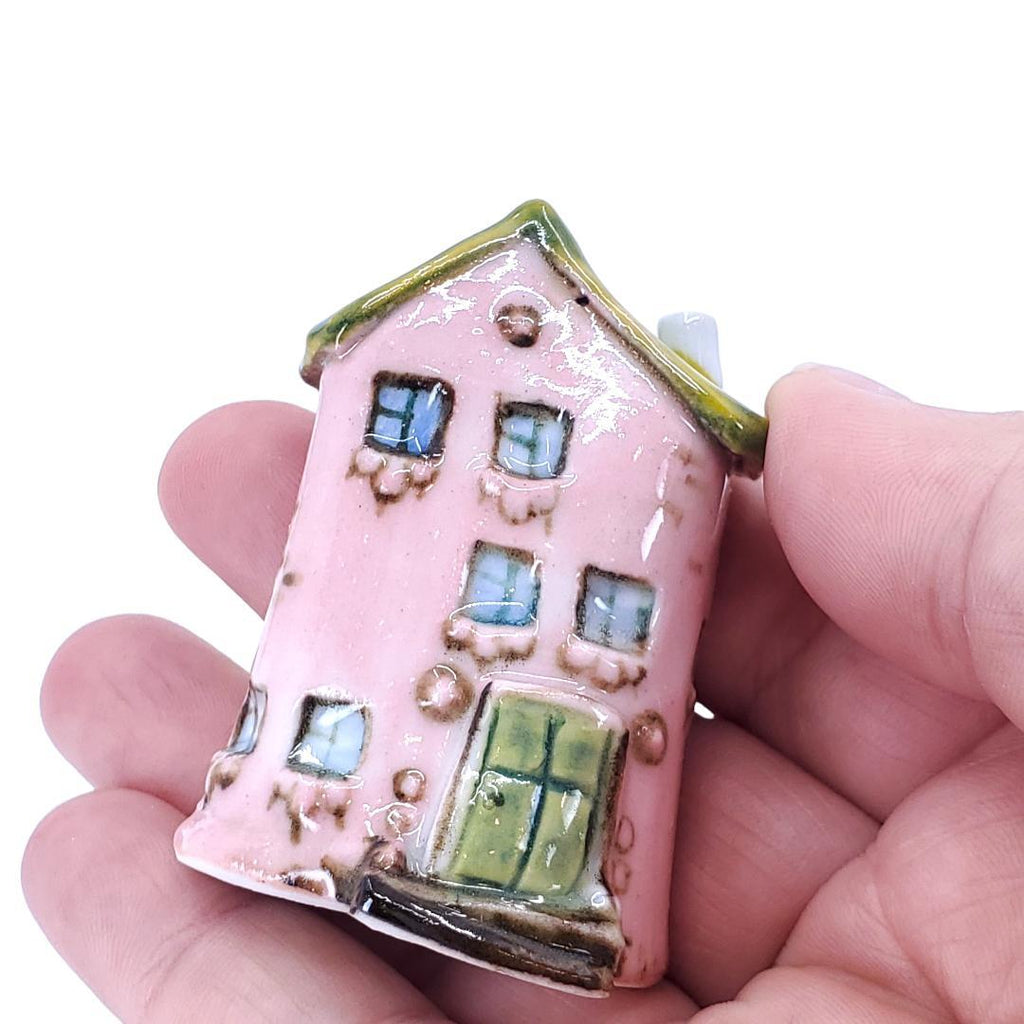 Tiny House - Pink House Green Door Green Gold Roof by Mist Ceramics