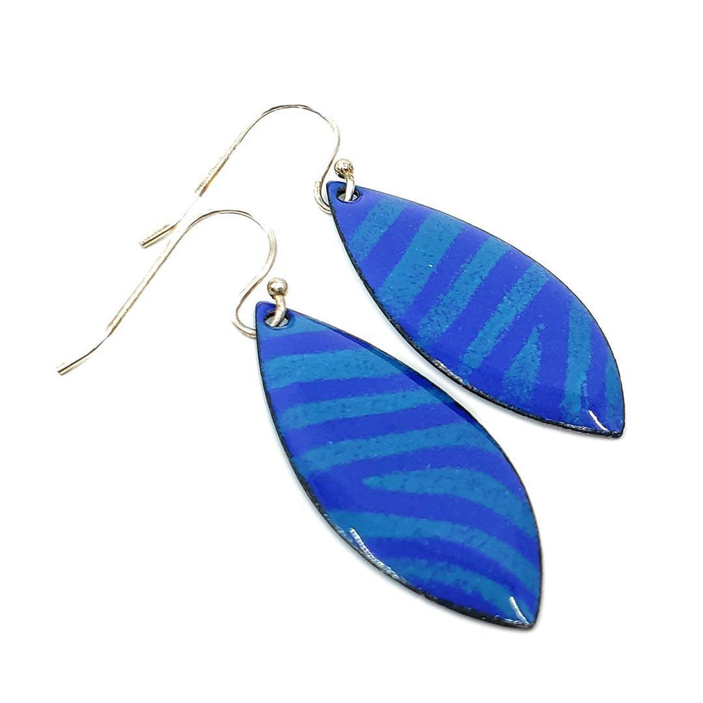 Earrings - Wide Leaf (Cobalt Blue Teal Stripes) by Magpie Mouse Studios