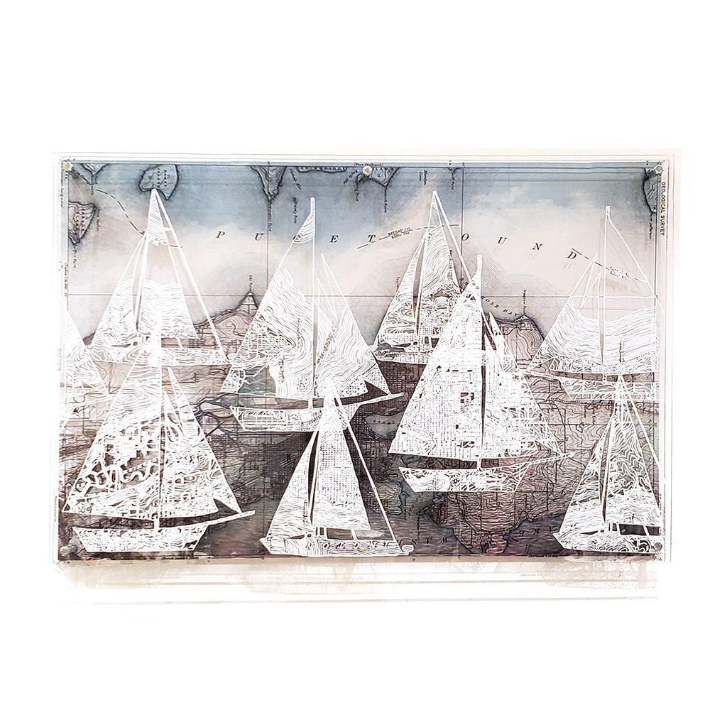 Wall Art - 30x20in - Triple Layered Sailboats Puget Sound Floating Frame Map by Modern Terrain