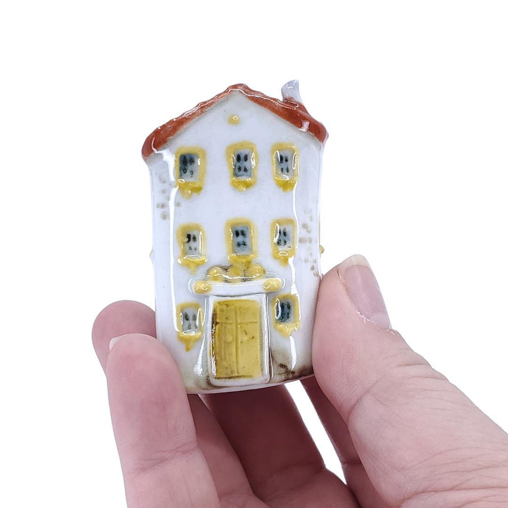Tiny House - White House Yellow Door Rust Roof by Mist Ceramics