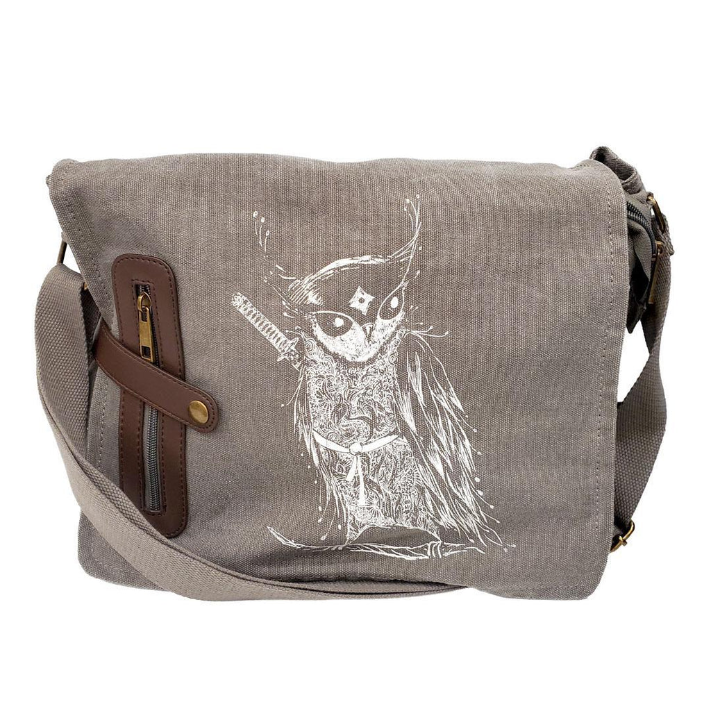 Laptop Bag - Samurai Owl on Gray Canvas Messenger Bag by Namu