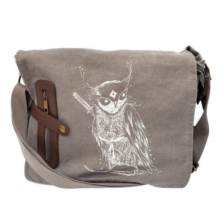 Laptop Bag - Samurai Owl on Gray Canvas Messenger Bag by Namu