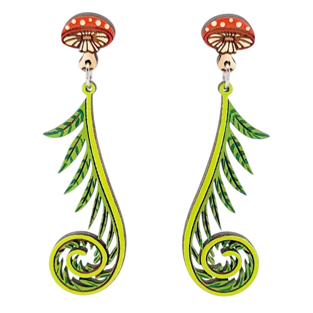 Earrings - Fiddlehead Fern and Mushroom (Post Dangles) by Fresh Cuttery