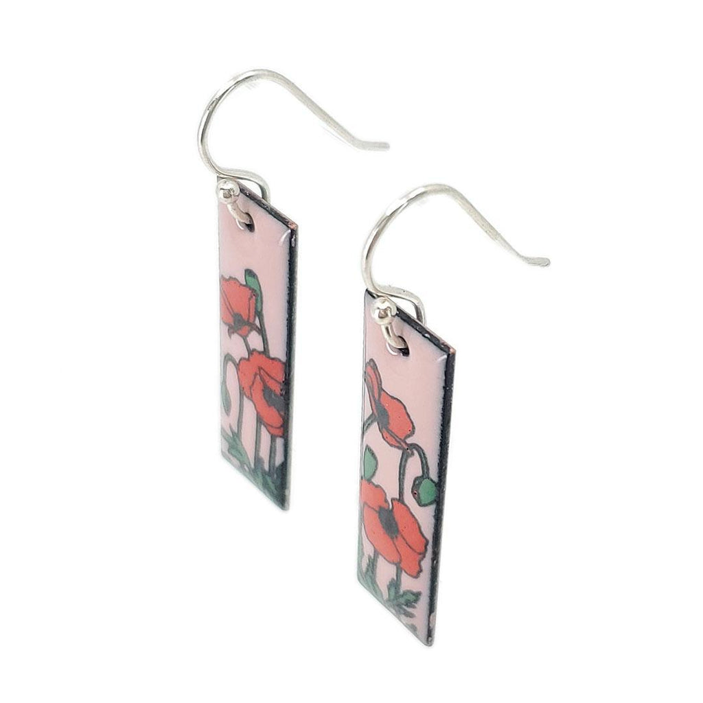 Earrings - Red Poppies Slim Rectangle (Pink) by Magpie Mouse