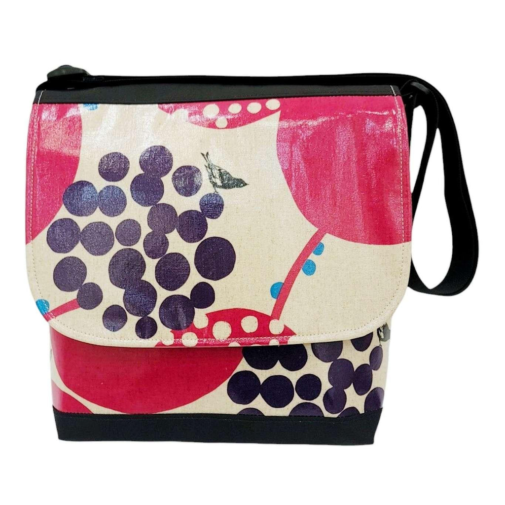 Messenger Bag - Reinforced Tall - Pink and Purple with Bird on Linen by Laarni and Tita