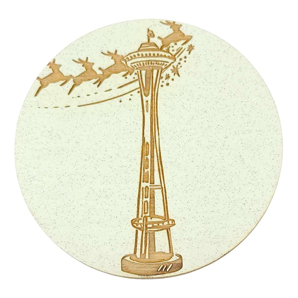 Magnets - Reindeer over the Space Needle Round (Seafoam Glitter) by SnowMade