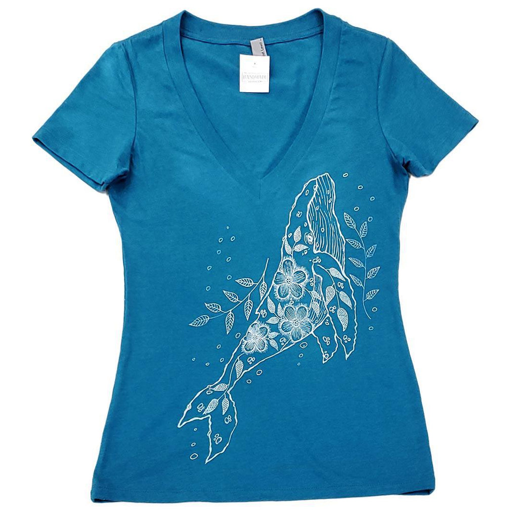 Adult Tee - Humpback Whale on Aqua Fitted V-Neck (S-XL) by Namu