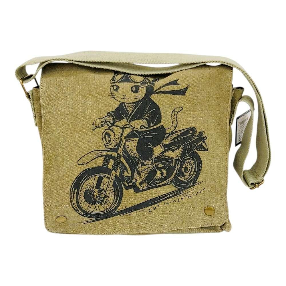Messenger Bag - Cat Ninja Rider (Black Ink on Olive Canvas) by Namu
