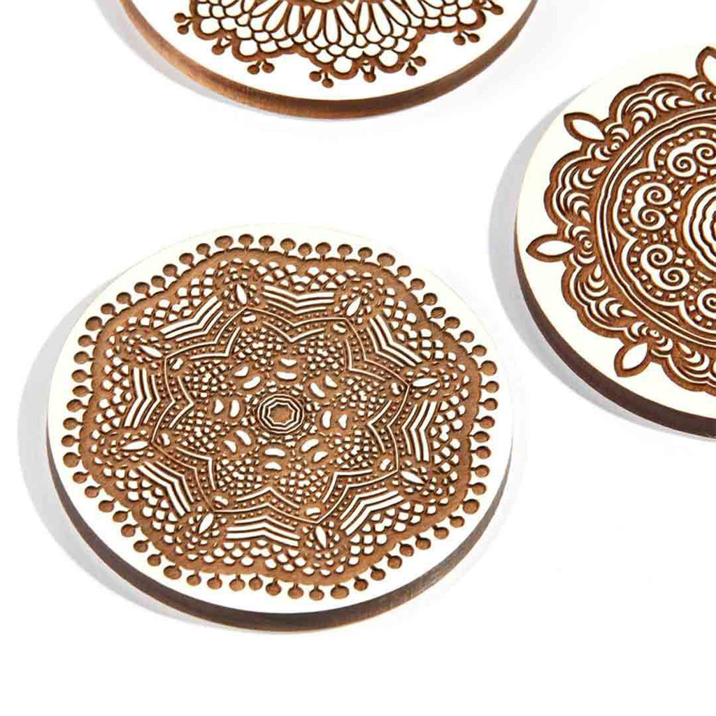 Coasters - Set of 5 - Floral Maple Wood (White) by Lucca