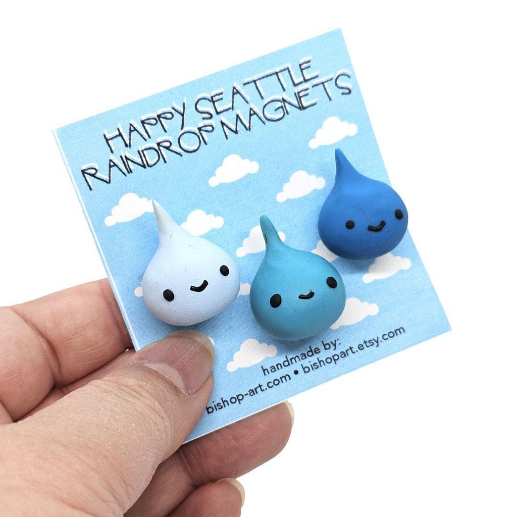 Magnet - Set of 3 - Happy Seattle Raindrops (Assorted Blues) by bishopart