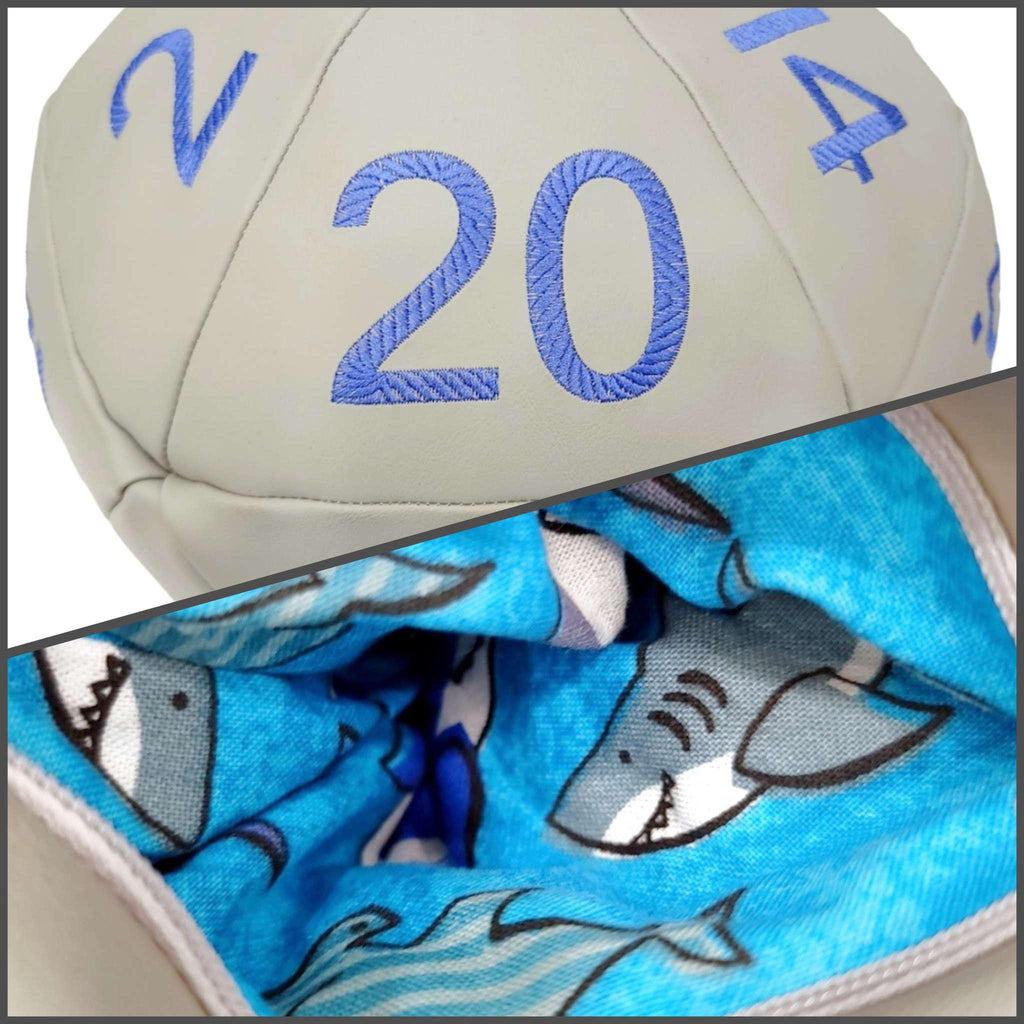 Pillow - Large D20 Plush in Gray Leather with Blue Embroidered Numbers by Saving Throw Pillows