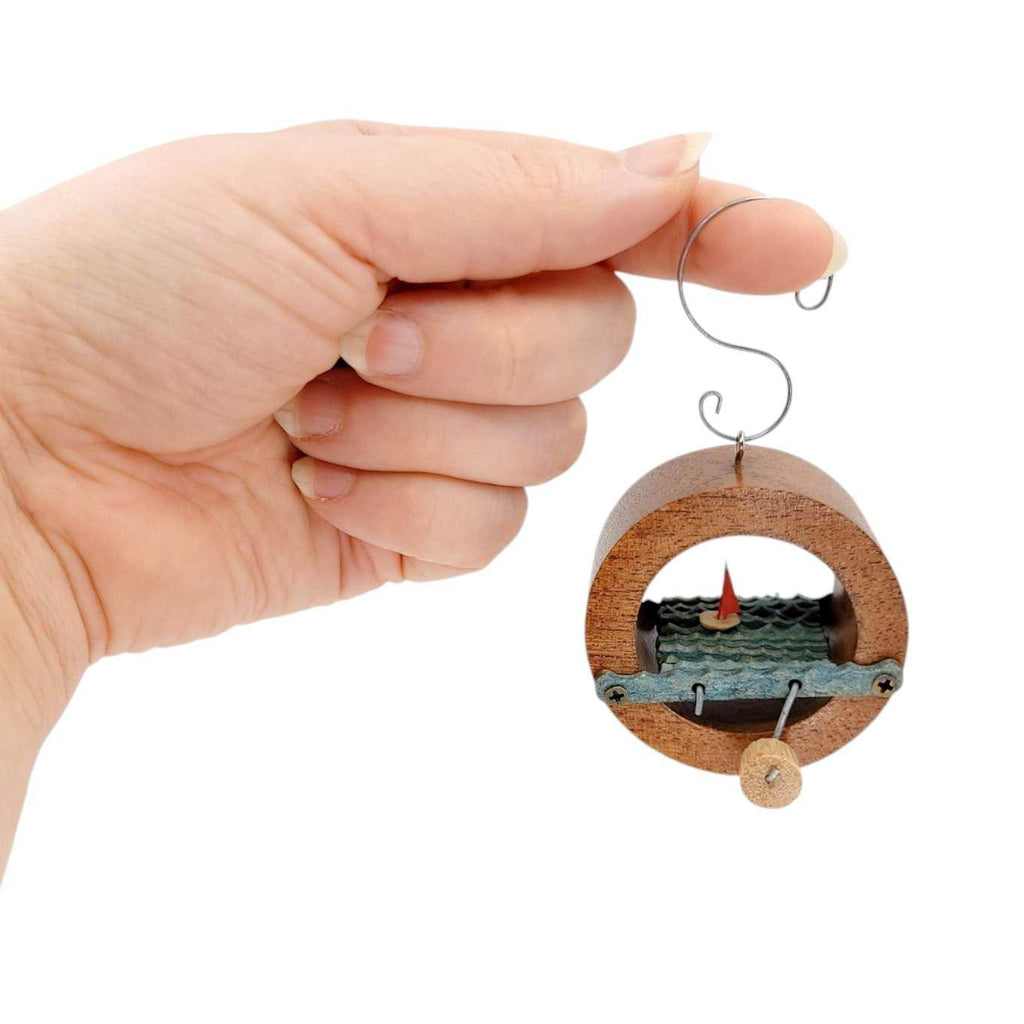 Kinetic Ornament - Hand Cranked Wooden Sailboat Circle by Cartoon Monster