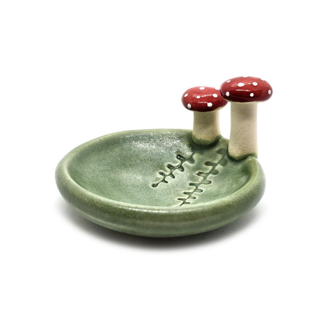 Round Ring Dish - Red Mushrooms and Fern Fronds (Small Green) by Tasha McKelvey