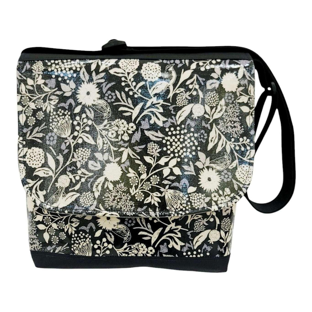 Messenger Bag - Reinforced Tall - Birds on Black and Linen by Laarni and Tita