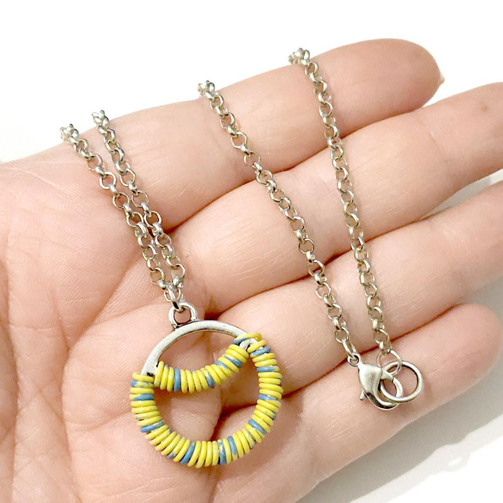 Necklace - Sunrise Circle - Yellow and Blue Communication Wire by XV Studios