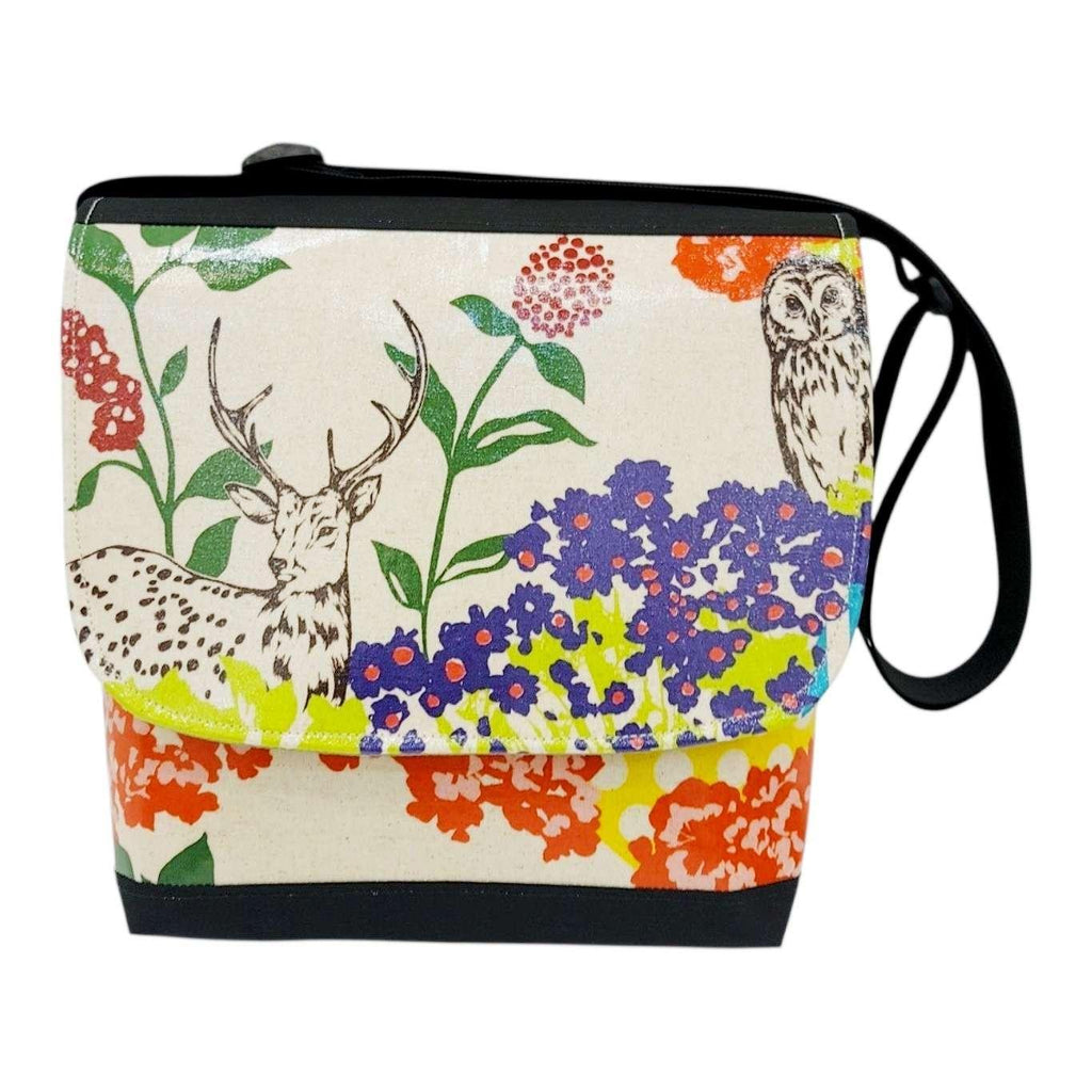 Messenger Bag - Reinforced Tall - Spotted Deer and Owl on Linen by Laarni and Tita