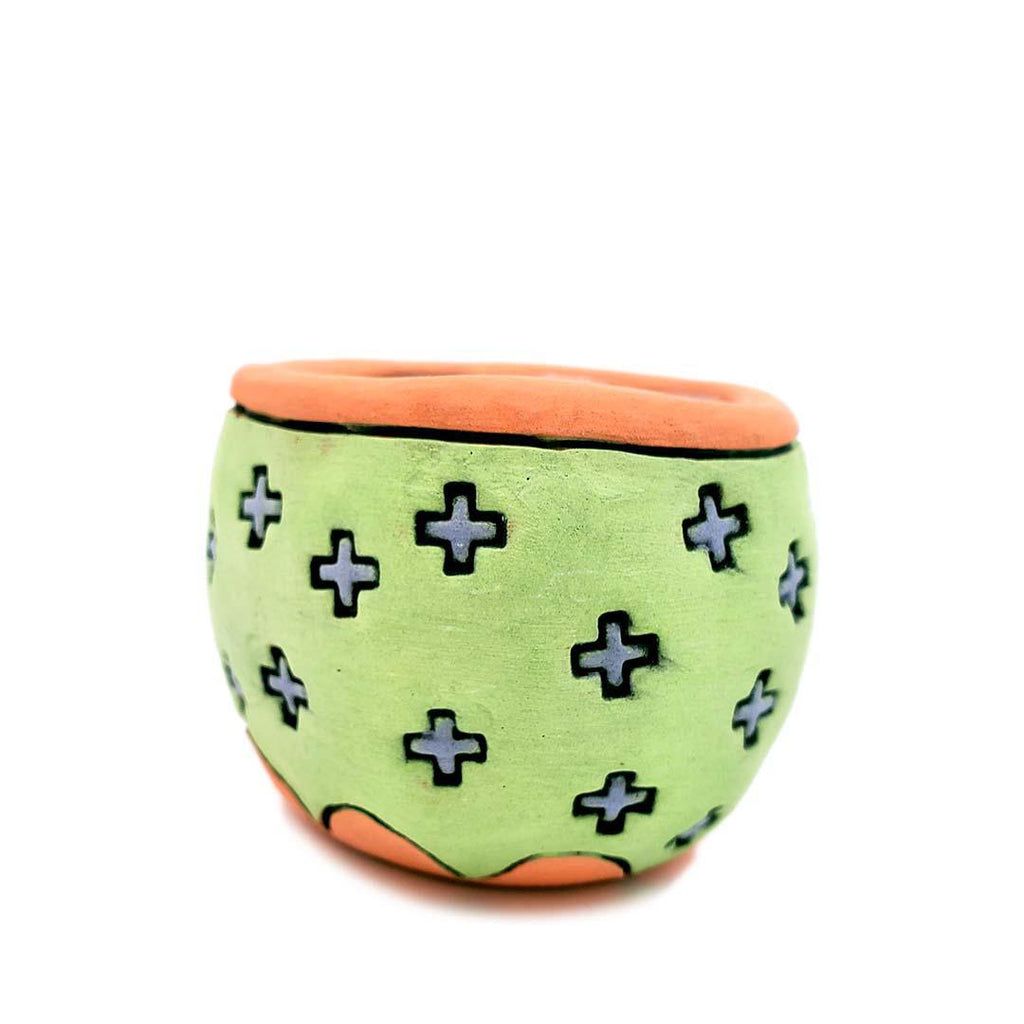 Tiny Cup - 2.5in - Blue Crosses on Bright Green Orange by Leslie Jenner Handmade
