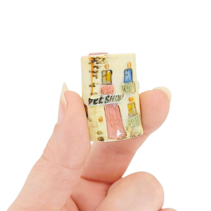 Collectible - Tiny House - Pet Shop (Cream Walls, Pink Roof, Pink Door) by Mist Ceramics