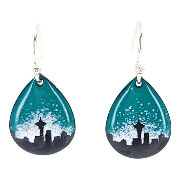 Earrings - Small Teardrop (Blue White Seattle Skyline) by Magpie Mouse Studios