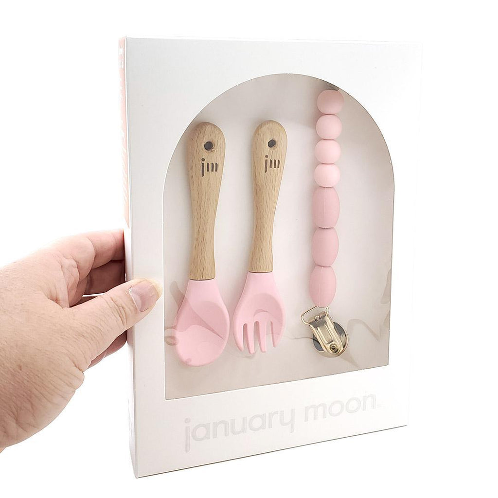 Feeding Set - Fork and Spoon with Clip (Rose Pink) by January Moon