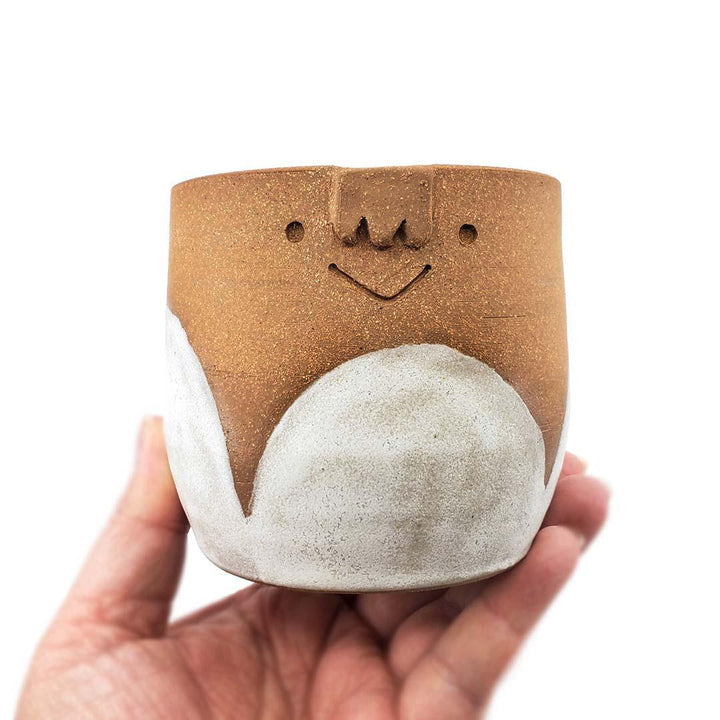 Friendly Pot -  M - Smiling with White Scallop Base Cachepot (Teal Interior) by Kathy Manzella Ceramics