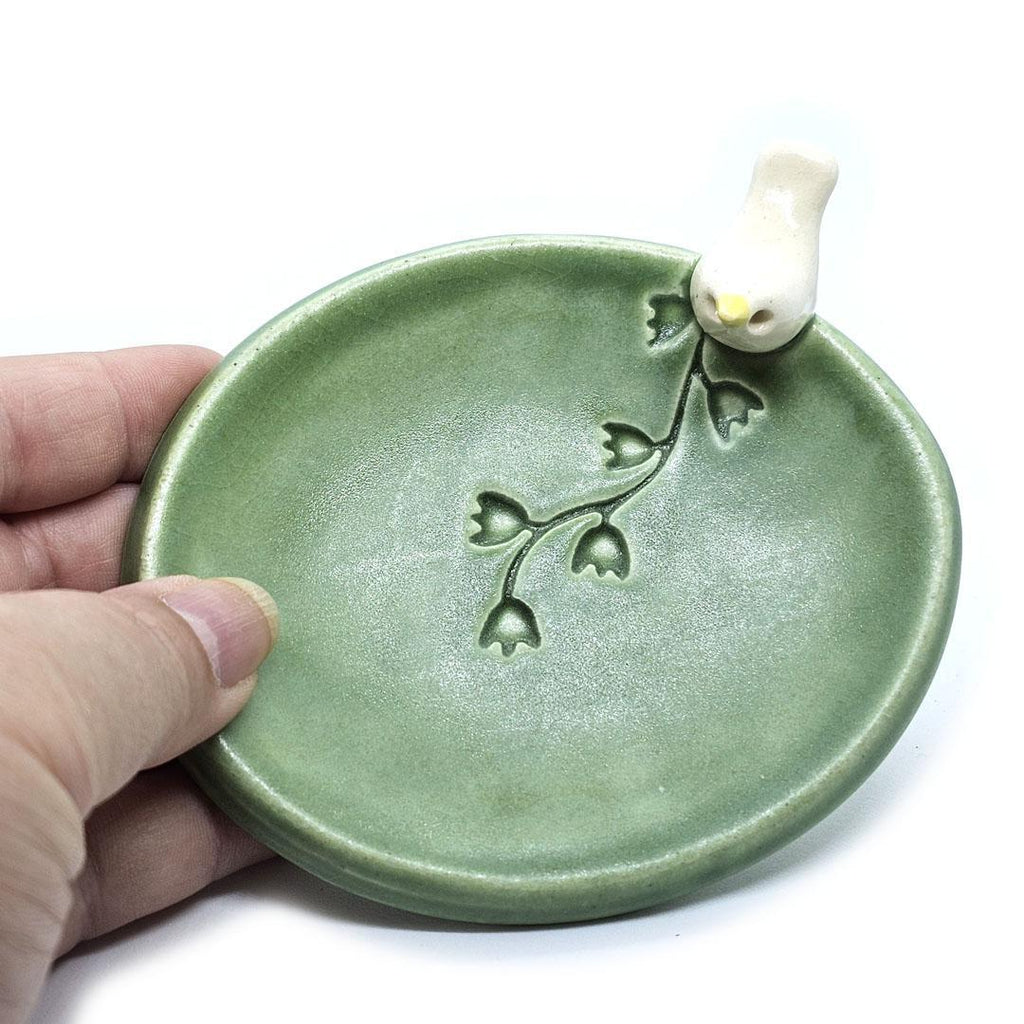 Oval Ring Dish - White Bird with Flowers (Green) by Tasha McKelvey