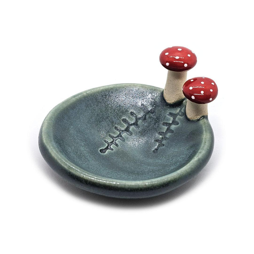 Round Ring Dish - Red Mushrooms Fern Fronds (Small Dark Teal) by Tasha McKelvey