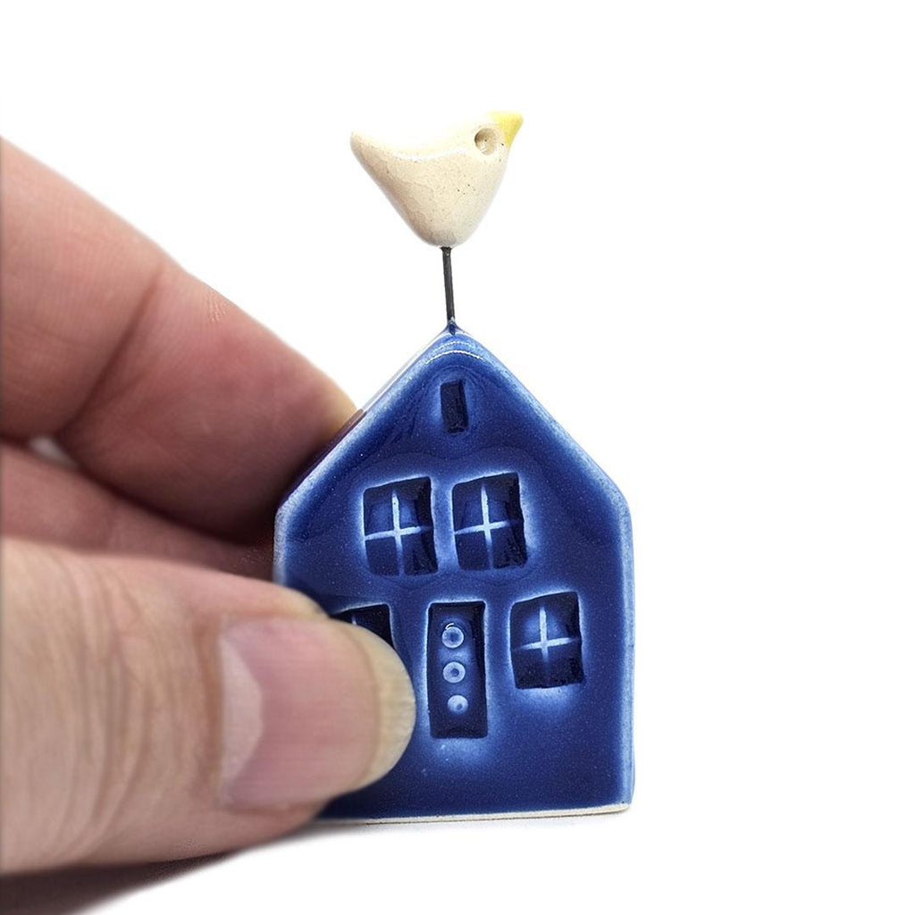 Tiny Pottery House - Dark Blue with Bird (White) by Tasha McKelvey