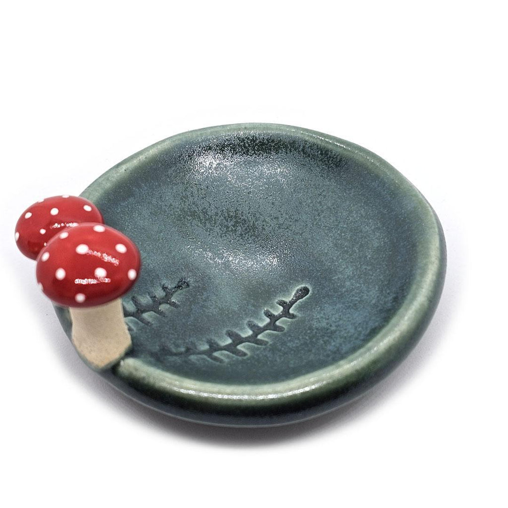 Round Ring Dish - Red Mushrooms Fern Fronds (Small Dark Teal) by Tasha McKelvey