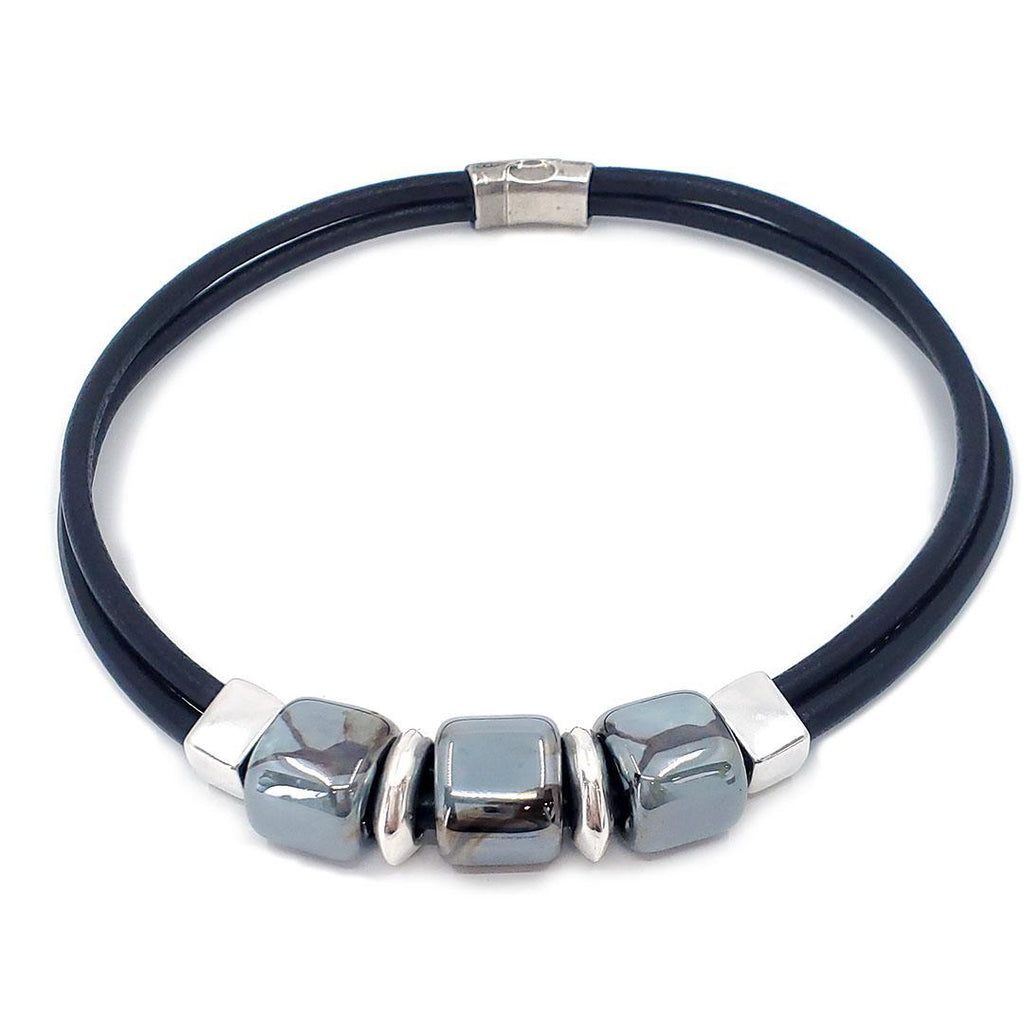 Necklace - Black Sea (Black Leather, Silver, Ceramic) by Diana Kauffman Designs