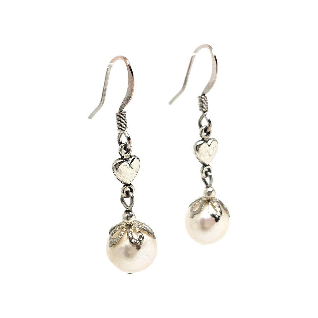 Earrings - Freshwater Pearl Drops Silver Plate Hearts by Tiny Aloha