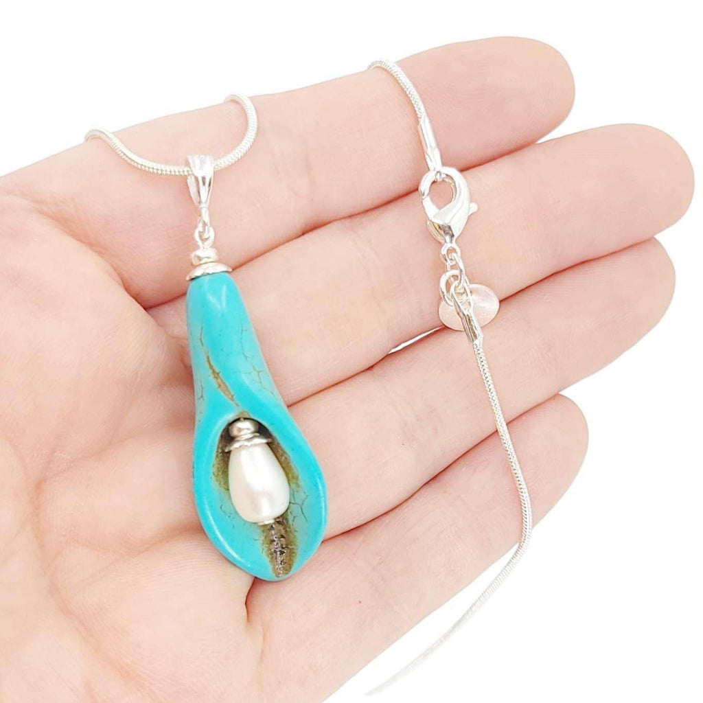 Necklace - Single Pearl Peace Lily Pendant (Howlite, Pearl, Silver Fill) by Tiny Aloha