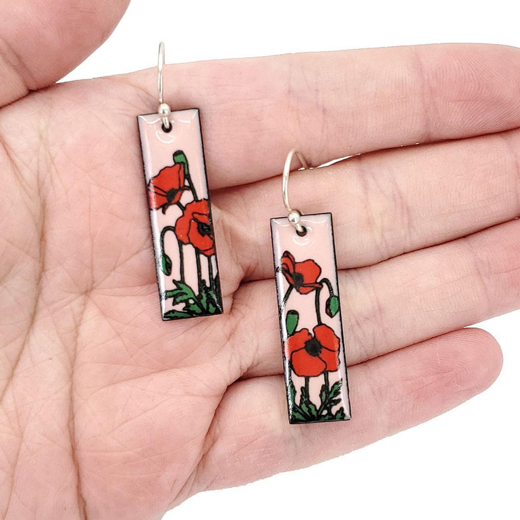 Earrings - Red Poppies Slim Rectangle (Pink) by Magpie Mouse