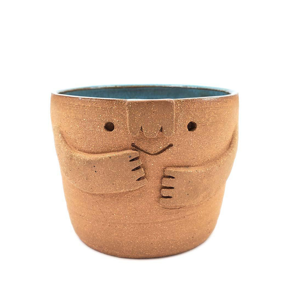 Friendly Planter-  S - Smiling with Hugs (Teal Interior) by Kathy Manzella Ceramics
