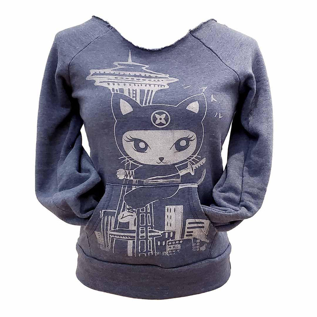 Sweatshirt - Adult Open Neck Ninja Kitty on Heather Blue (Small) by Namu