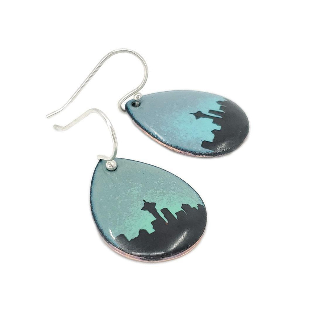 Earrings - Seattle Skyline Medium Teardrop (Gray Aqua Ombre) by Magpie Mouse