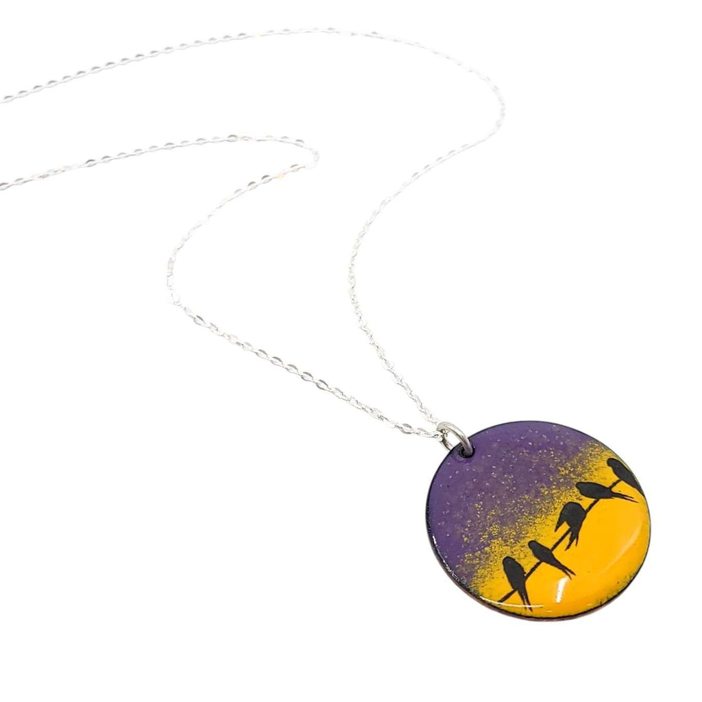 Necklace - Birds on Wire with Purple and Orange Background by Magpie Mouse Studios