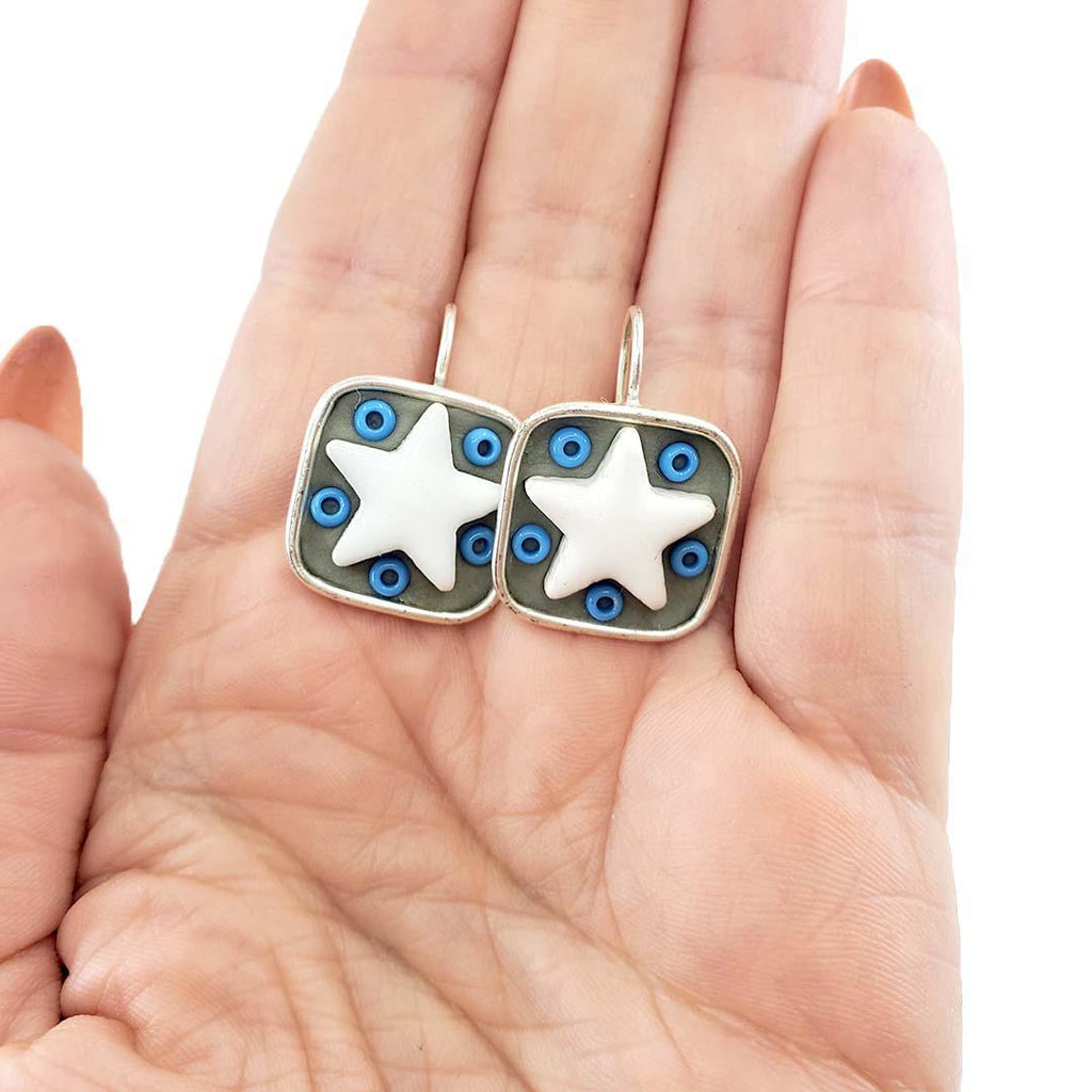 Earrings - Square Bezel White Star with Blue beads by XV Studios