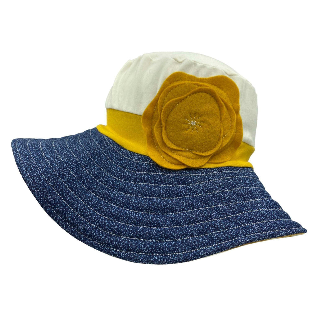 Adult Hat - Stretch Sun Hat in Cream with Mustard Poppy and Denim Brim by Hats for Healing