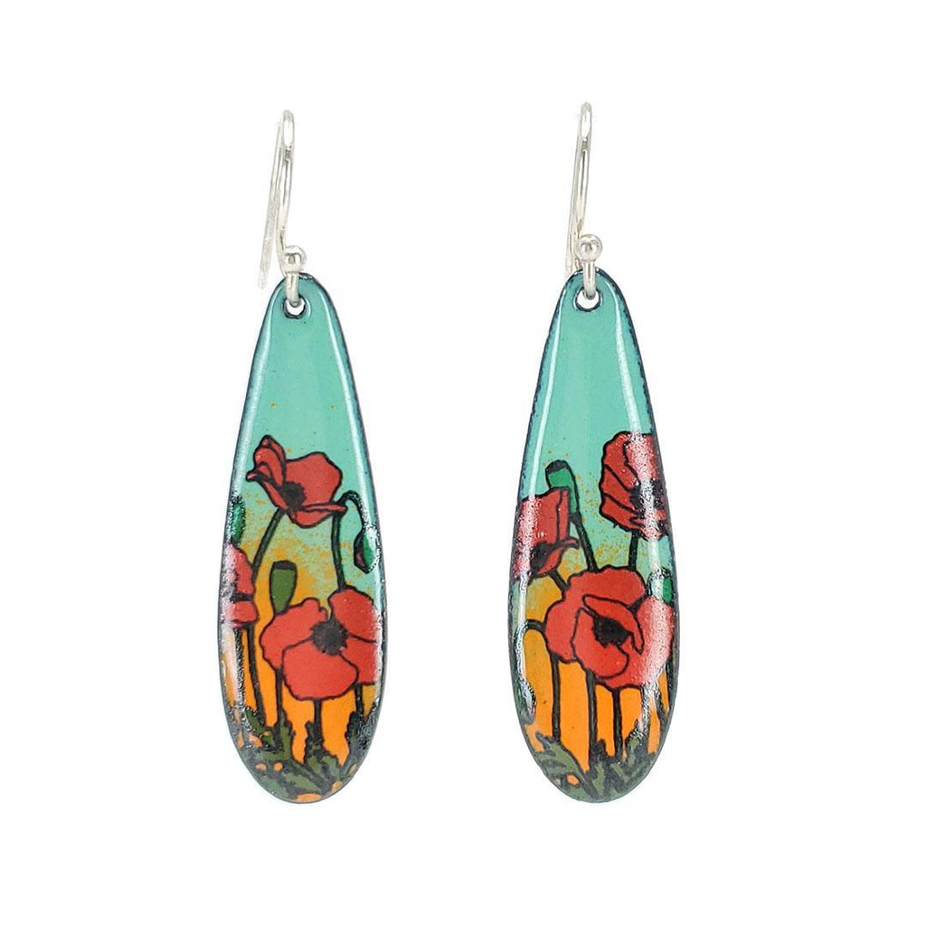 Earrings - Red Poppies Long Teardrop (Turquoise Orange) by Magpie Mouse Studios