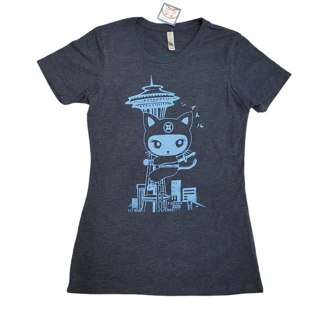 Adult Tee - Seattle Ninja Kitty Blue Fitted Crew Neck by Namu