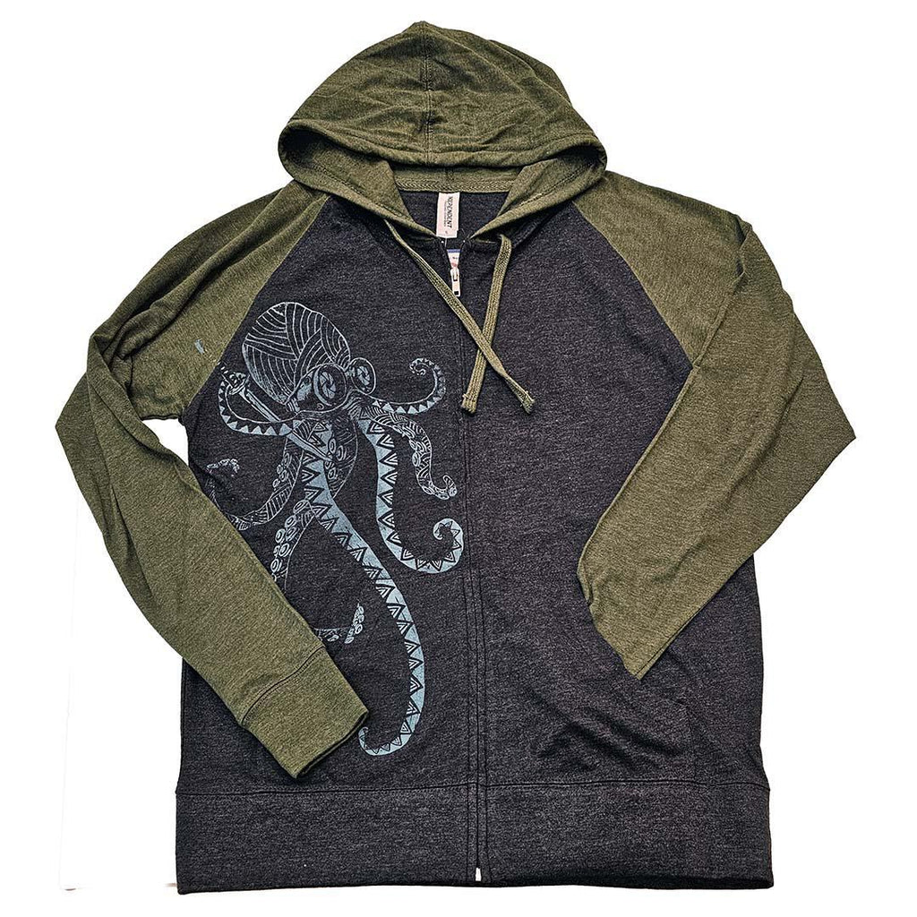 Adult Zip Hoodie - Geometric Octo Hunter on Gray with Green Sleeves and Hood by Namu