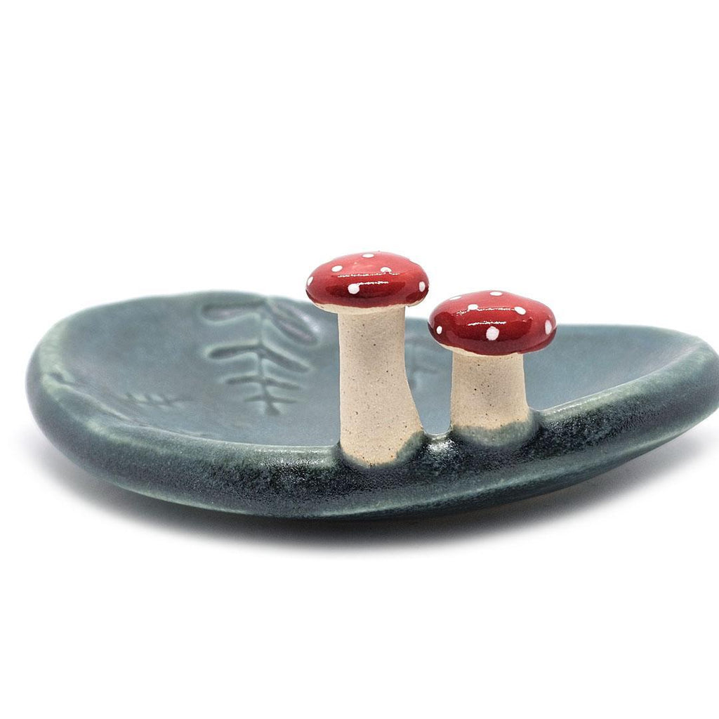 Oval Ring Dish - Red Mushrooms and Fern Fronds (Dark Teal) by Tasha McKelvey