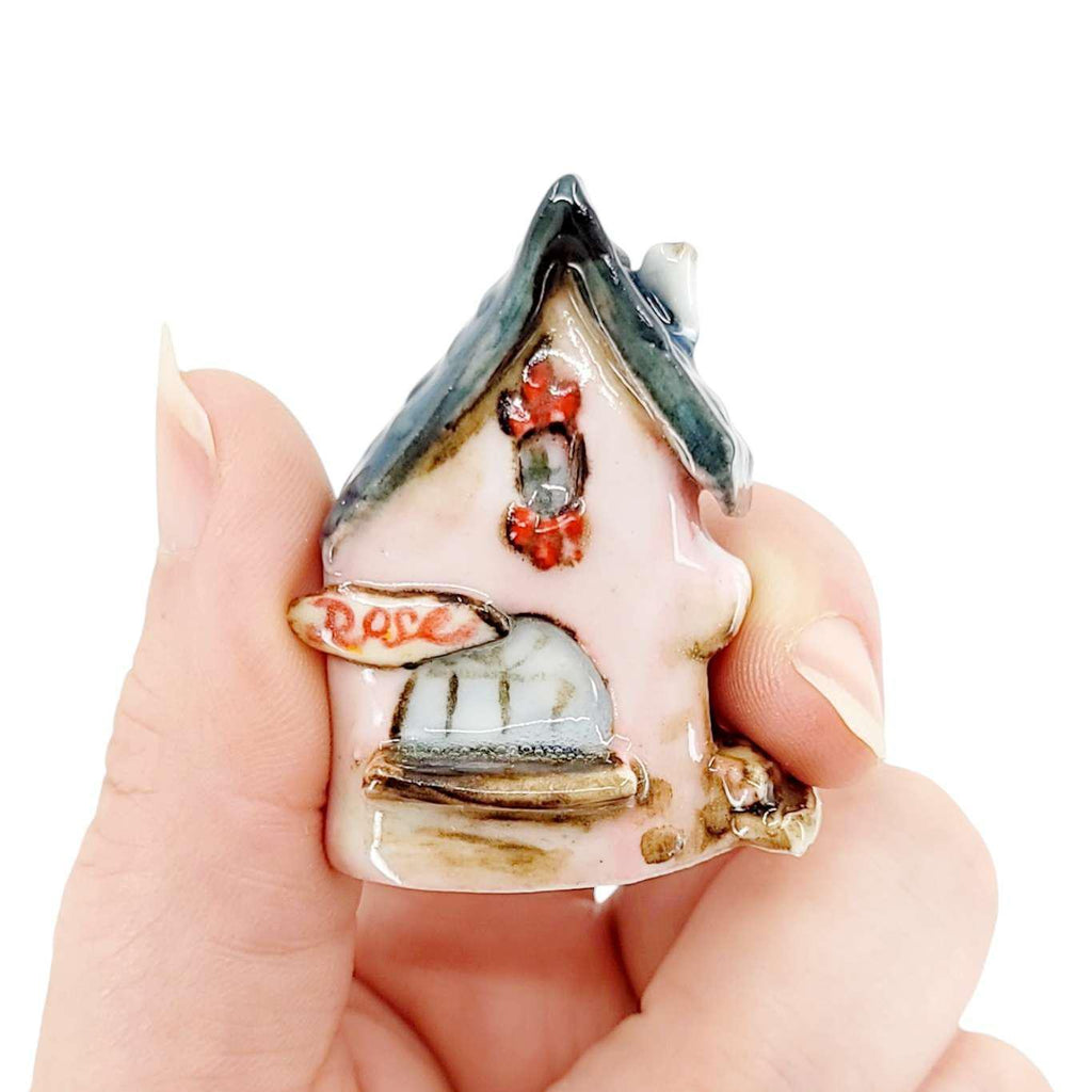 Tiny House - Pink Flower Shop Red Door Black Roof by Mist Ceramics