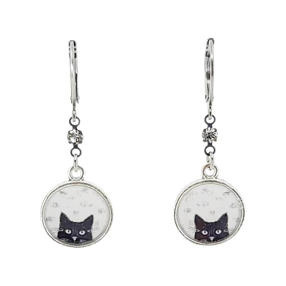 Earrings - Black Cat Resin Dangles (Stainless Steel) Jewel Accent by Christine Stoll