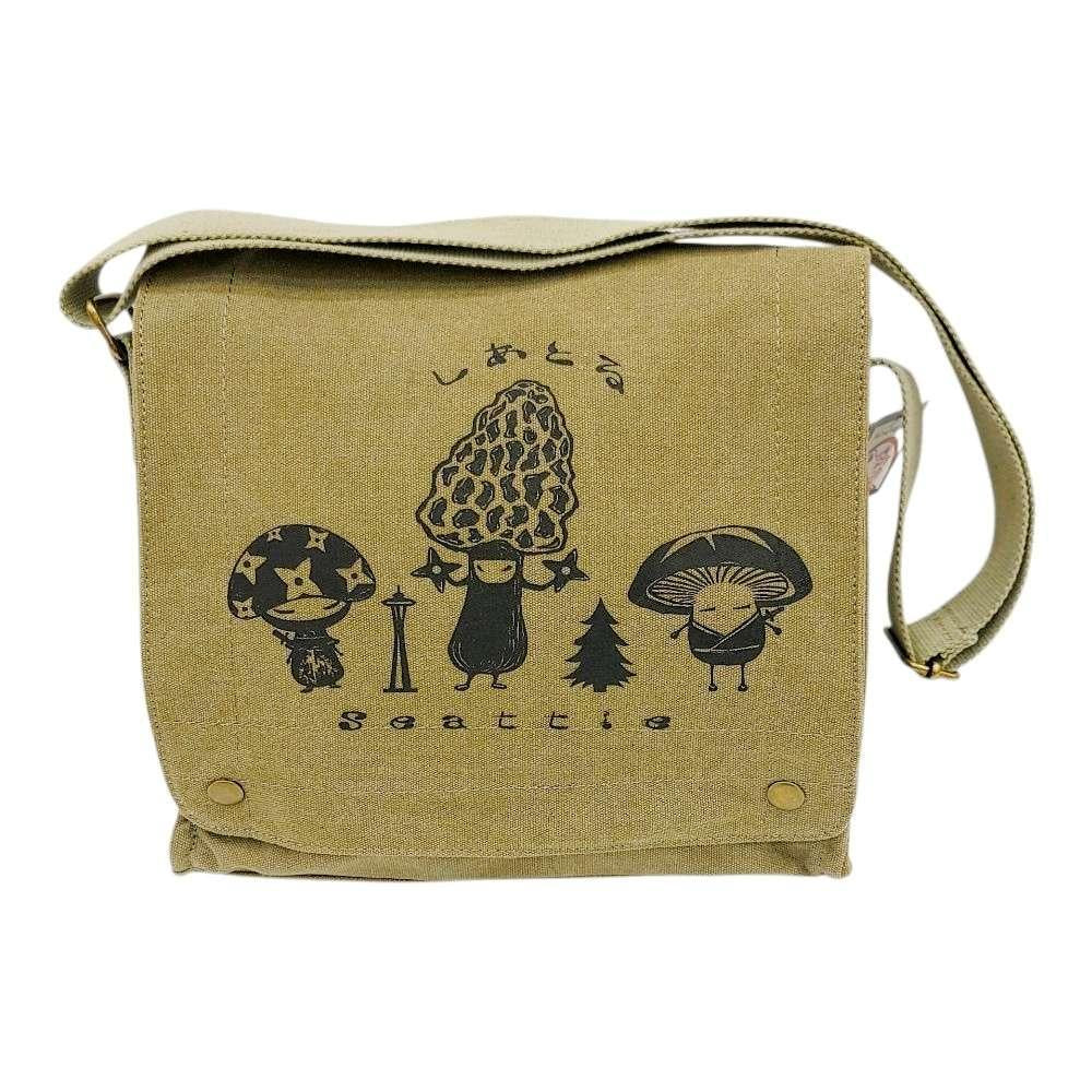 Messenger Bag - Mushroom Trio (Black Ink on Olive Canvas) by Namu