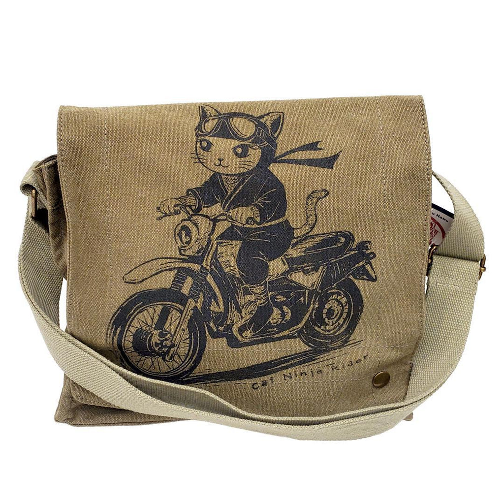 Messenger Bag - Cat Ninja on Motorcycle Black on Green Canvas Messenger Bag by Namu
