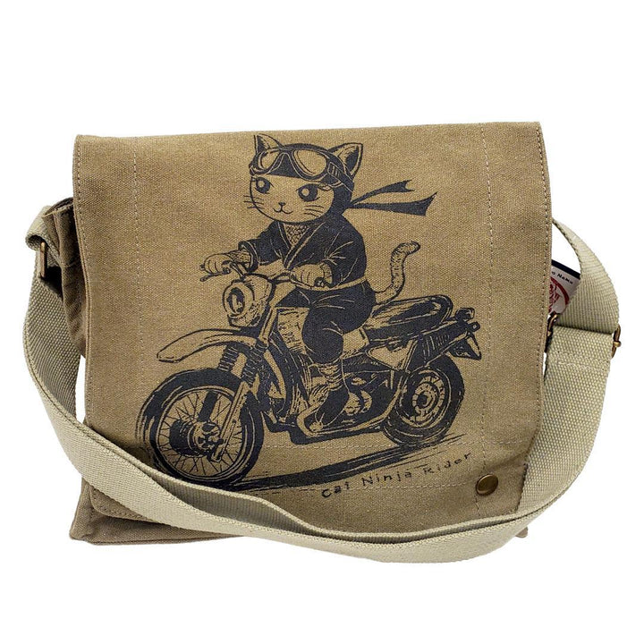 Messenger Bag - Cat Ninja on Motorcycle Black on Green Canvas Messenger Bag by Namu