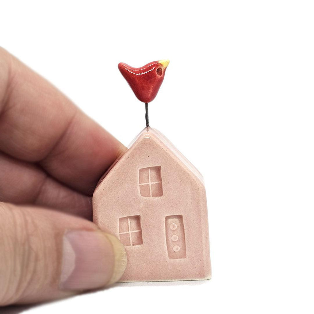 Tiny Pottery House - Light Pink with Bird (Red) by Tasha McKelvey Copy